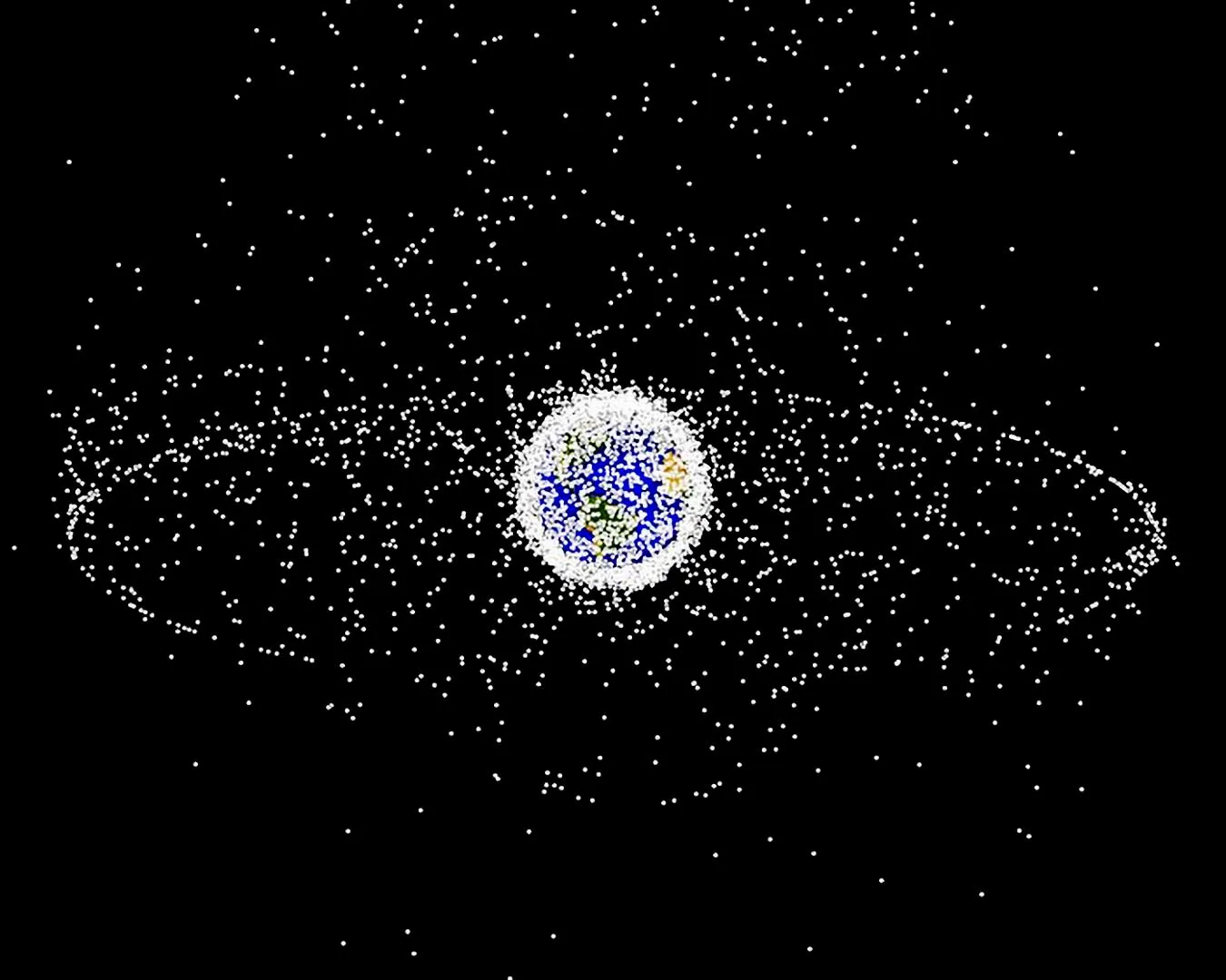 The Earth appears as a colored ball against a black background. Swarms of white dots around it represent the distribution of orbiting satellites.