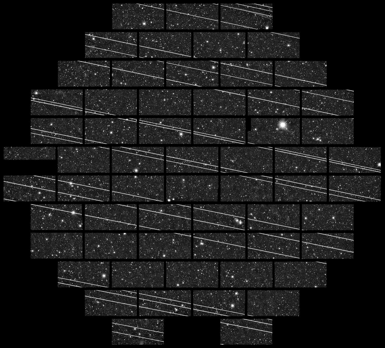 A series of square, grayscale telescope images set into an array showing satellite trails marring a view of the night sky.