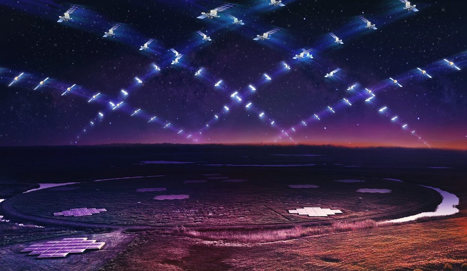 Arrays of satellites are seen in the night sky above a foreground with radio antennas built close to the ground.